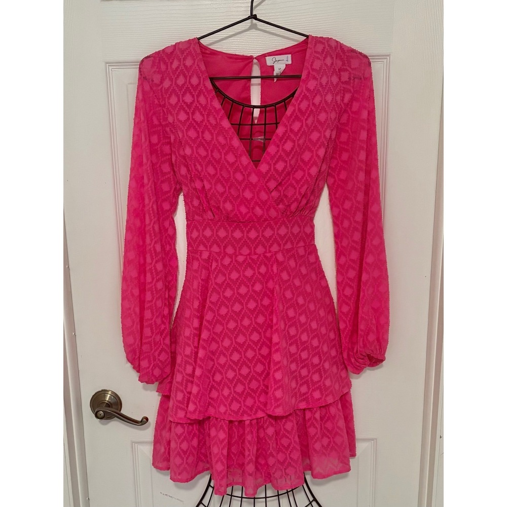 Japna Hot Pink Burnout Long Sleeve Tie Waist Tiered Mini Dress M